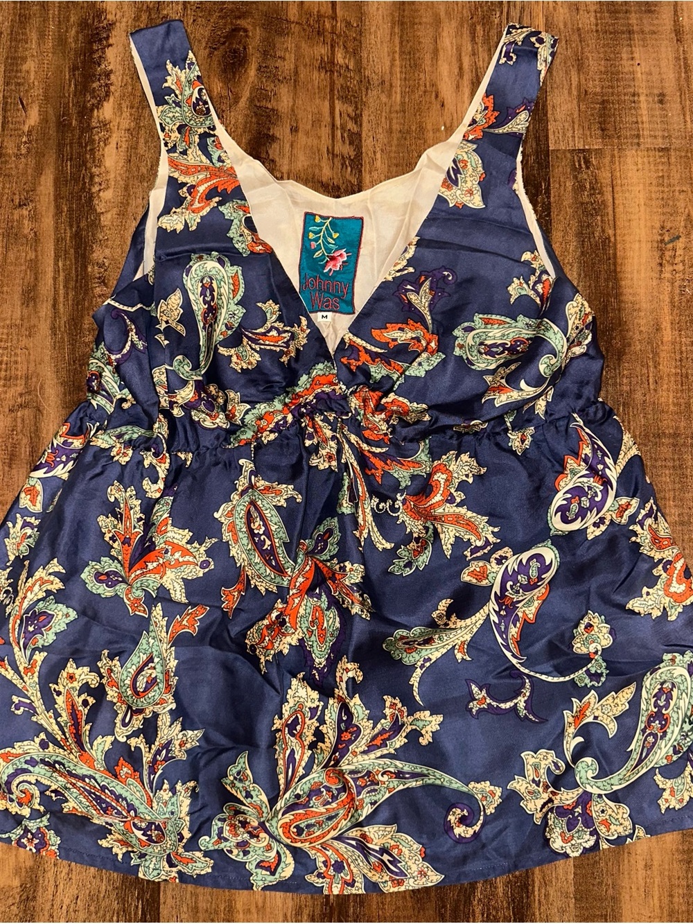 Johnny Was 100% silk Navy Paisley V-Neck Tank with Multicolor Accents